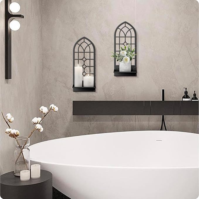 Wall Sconces Candle, Black Metal Wall Art Decor, Retro Line Wall Candle Holder for Living Room, Dining Room, Bedroom, Bathroom (16.5 x 7 in)