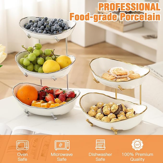 Ceramic Fruit Bowl for Kitchen Counter - 3 Tier Fruit Basket with Metal Stand, Tiered Fruit Stand for Countertop, Snack, Nuts, Cake, Dessert, Small & Cute (Gold-rimmed)