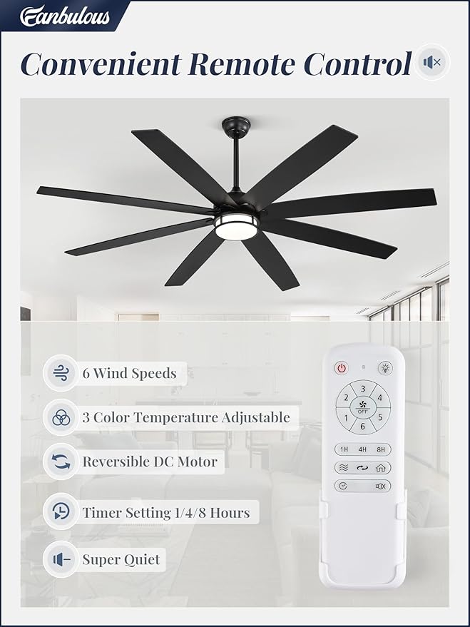 72 Inch Ceiling Fans with Lights, Large Black Ceiling Fans with Remote, Farmhouse Modern Ceiling Fan Fixtures with Bright LED Light for Living Room, Bedroom, Kitchen