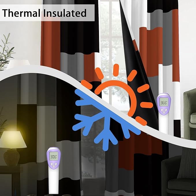 Burnt Orange 100% Blackout Curtains for Bedroom 45 inch Length 2 Panels Set Grey Modern Abstract Geometric Fall Black Out Curtains Insulated Room Darkening Window Drapes for Living Room, 52Wx45L