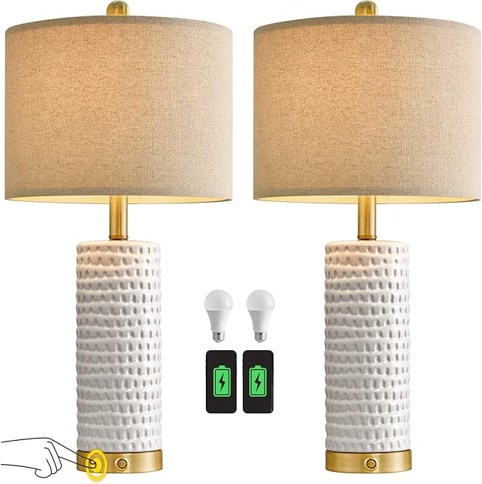 PORTRES 24" Farmhouse 3-Way Dimmable Touch Ceramic Table Lamp Set of 2 for Bedroom White Bedside Lamps with USB A+C Charging Ports for Living Room Nightstand Lamp End Table Lamps