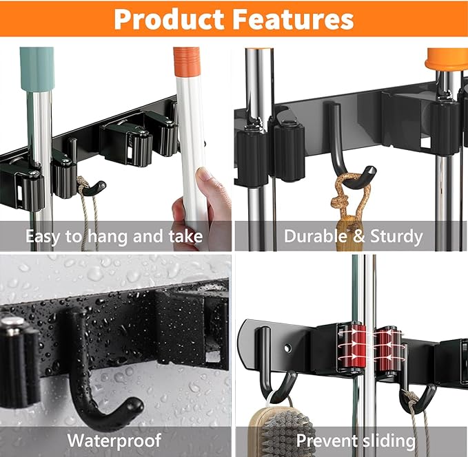 Mop and Broom Holder Wall Mount, Upgraded Broom Organizer Wall Mount, Stainless Steel Broom Hanger Wall Mount for Kitchen Garden Laundry Room Decor (3 Racks with 4 Hooks Black)