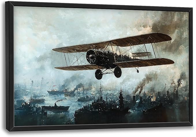 Flintis Large old Biplane Framed Wall Art Vintage Aircraft Pictures Wall Decor Abstract Airplane Poster Canvas Painting Print Artworks Framed for Living Room Bathroom Master Bedroom 36L X 24W