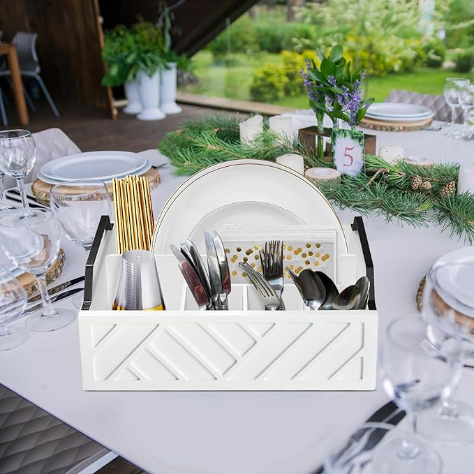 Paper Plate Dispenser and Holder for Kitchen Counter, Wood Rustic Silverware Utensil Caddy, Cutlery Flatware Organizer Box for Cups Spoons Forks Napkins, Kitchen Accessories (White)