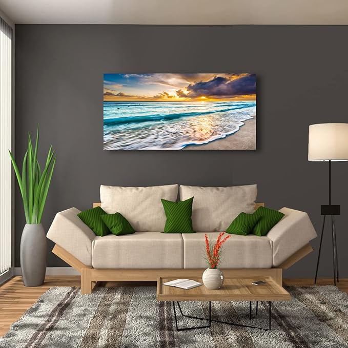 Beach Canvas Wall Art Seascape Theme Pictures Home Decor Blue Ocean White Wave Sunset Prints Paintings for Living Room Bathroom Bedroom Kitchen Office Decorations Natural Landscape Artwork 24x48inches