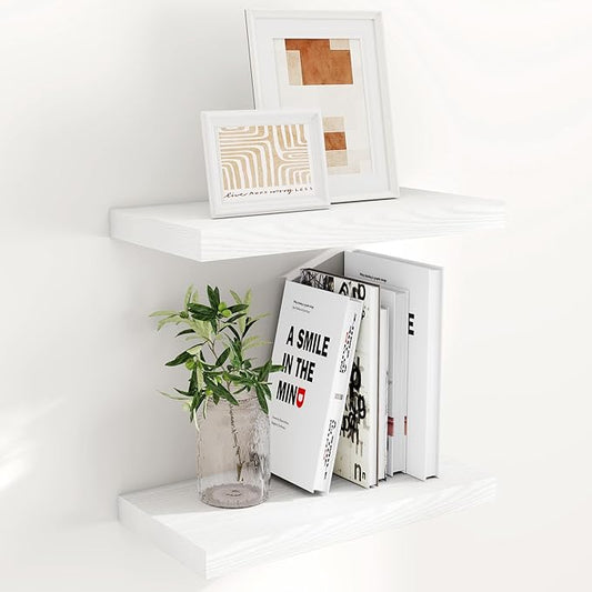 White Floating Shelves for Wall, 16 x 9.3 Wall Shelves Set of 2, Deep Bathroom Shelf with Invisible Bracket, Rustic Wood Floating Shelf for Bedroom, Living Room, Kitchen