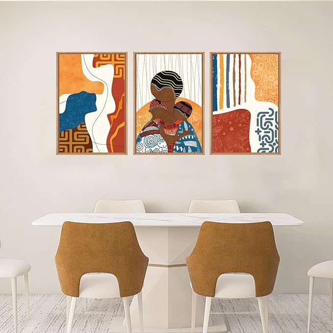 HOURIA Large Boho Black Woman Children Framed Canvas Wall Art Set,Colorful African American Wall Decor,Geometric Line Artwork,Abstract Ethnic Minimalist Murals Print for Bedroom,Farmhouse- 16"x24"x3