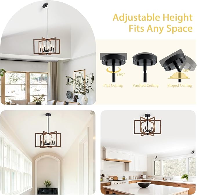 Modern Farmhouse Chandelier 20'' Black and Wood Grain 6-Light Pendant Lighting Fixture for Dining Living Room Kitchen Entryway, Geometric Metal Vintage Adjustable Hanging Chandelier Lamp