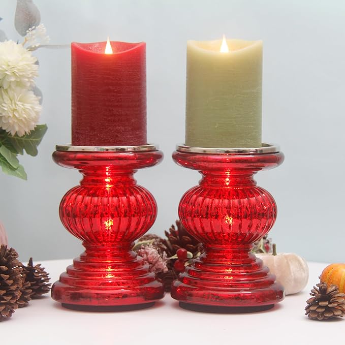 Mercury Glass Pillar Candle Pedestal Holders with Lights Set of 2,Candle Holder for Pillar Candle,Candlestick Holders,Perfect Decoration for Wedding Home Dining Table Xmas(Red)