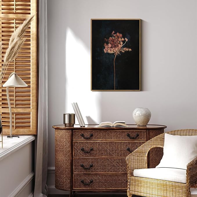 KBKBART Framed Vintage Wall Art Prints, Retro Moody Floral Botanical Canvas Painting Farmhouse Decor, Black Dark Classical Flower Framed Canvas Wall Art for Bathroom, Bedroom, Living Room, Gallery, Vintage Wall Decor(16"x24")