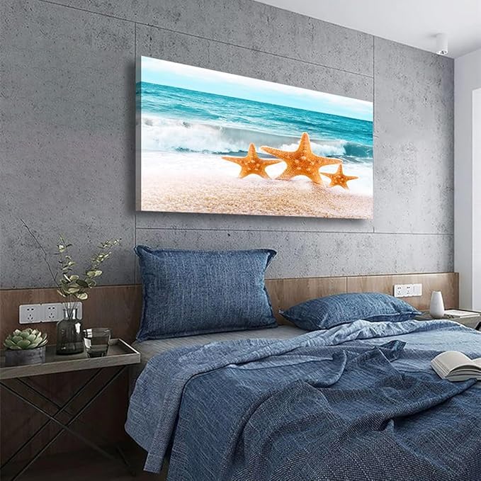 Beach Canvas Wall Art for Living room Office Bedroom Ocean Wall Art Print Oil Paintings Modern Sea Waves Starfish Pictures Blue Wall Decor Artwork Waterproof Ready to Hang - 20in * 40inch