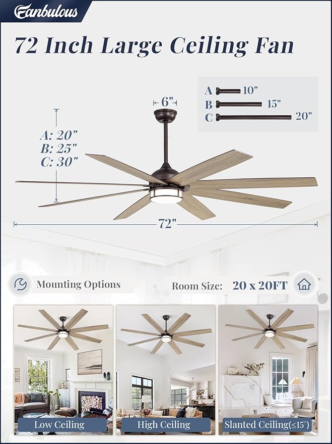 72 Inch Ceiling Fans with Lights, Large Farmhouse Ceiling Fans with Remote, Oil Bronze Ceiling Fan Fixtures with Bright LED Light for Living Room, Bedroom, Kitchen