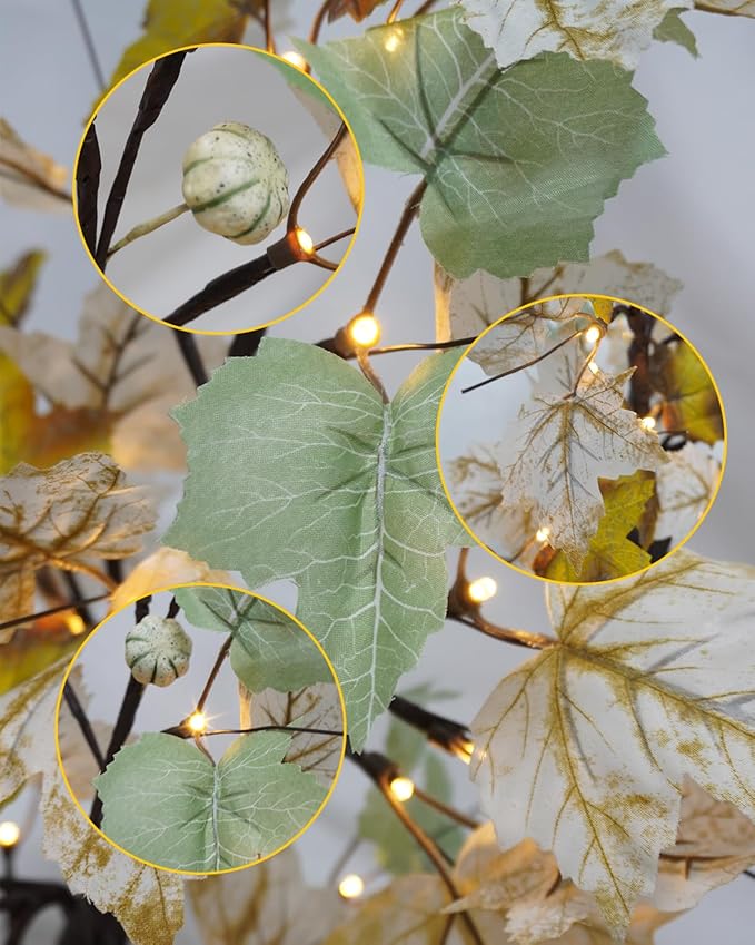 Uieke 24inch Artificial Lighted Fall Maple Tree 24 LED Fall Decor Tabletop Maple Tree with 3 White Pumpkins Battery Operated Timer, Fall Decorations or Home Thanksgiving Autumn Harvest (Green White)