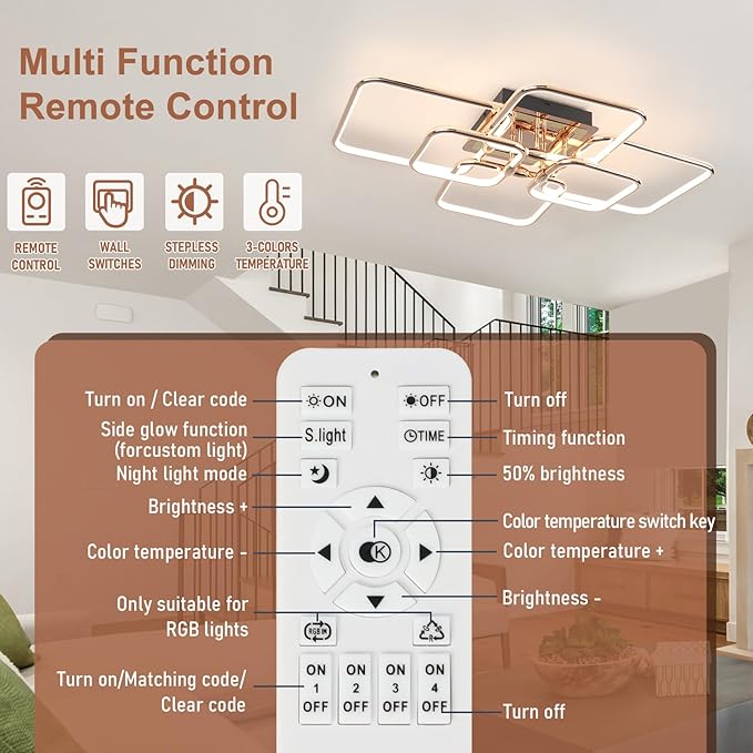 72W Modern LED Ceiling Light 6-Square Dimmable Ceiling Light Fixtures with Remote 3000K-6000K Gold Close to Ceiling Lights Flush Mount Ceiling Lamp for Bedroom Living Room Dining Room
