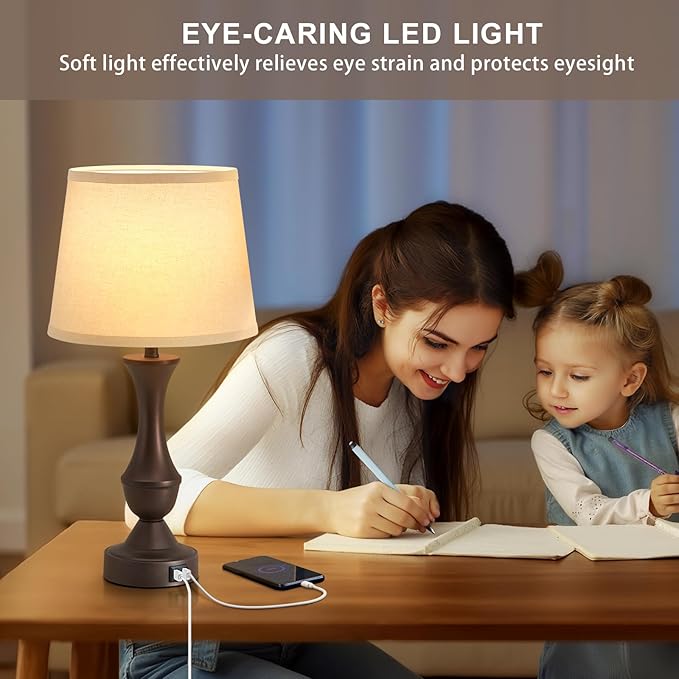 Luvkczc 22" Table Lamp Set of 2 - Vintage Brown Bedside Lamp with Beige Fabric Shade, 3-Way Dimmable, USB C+A Ports, Nightstand Lamp for Living Room Bedroom (Bulb Included)