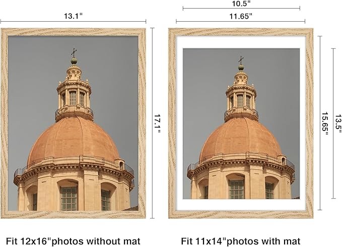 Vittanly 12x16 Picture Frame for Wall, Plexiglass, Displays Poster 11x14 with Mat or 12x16 without Mat, PVC Frame Material, Horizontal or Vertical Hanging, 1 Pack, Natural