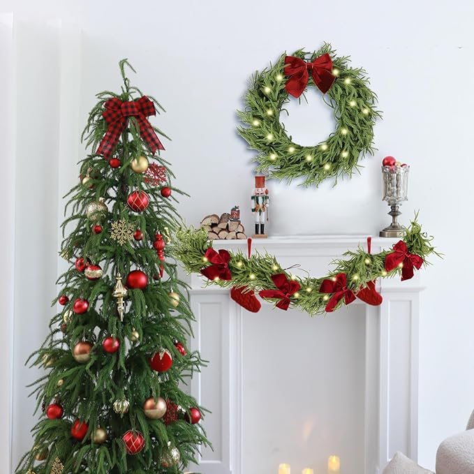 6ft Christmas Garland with Lights,Lighted Norfolk Pine Garland for Mantle,Prelit Real Touch Artificial Green Christmas Winter Garland with Large Burgundy Velvet Bow for Indoor Outdoor Decor