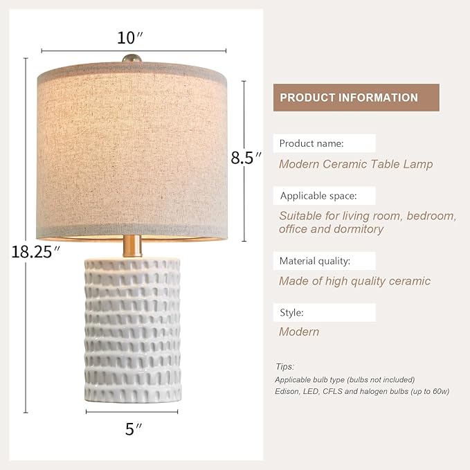 PORTRES 18.25" Modern Accent Ceramic Table Lamp Set of 2 for Bedroom White Desk Decor Bedside Lamps for Living Room Study Room Office Dorm Farmhouse Nightstand Lamp End Table Lamps