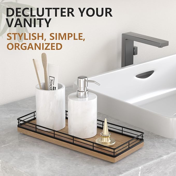 Bathroom Tray for Counter Top Organizer – Acacia Wood Vanity Tray with Metal Frame for Dresser, Kitchen, Nightstand – Black & Acacia Decorative Storage