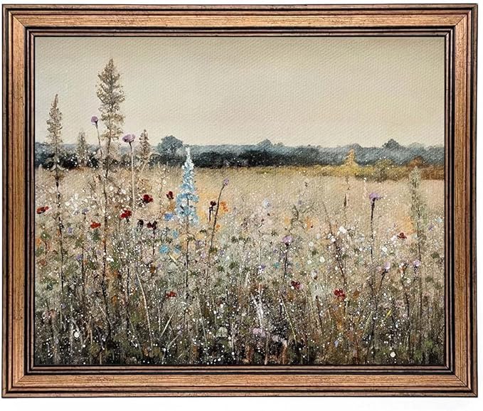 Gold Framed Vintage Wall Art Classical French Landscape Wildflowers Botanical Painting Canvas Print Kitchen Living Room Wall Decor (Champ Fleuri, 16L x 12W)