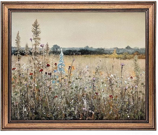 Gold Framed Vintage Wall Art Classical French Landscape Wildflowers Botanical Painting Canvas Print Kitchen Living Room Wall Decor (Champ Fleuri, 16L x 12W)