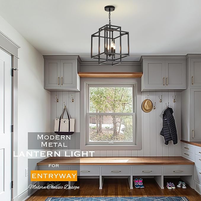 4-Light Black Chandelier,Semi Flush Light Fixture for Farmhouse with Metal Cage,E12 Bulb Socket and Adjustable Height for Dining Room,Kitchen Island,Living Room,Staircase, Entryway and indoor