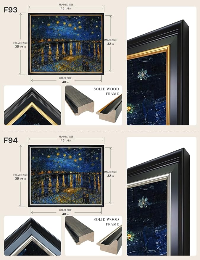 DECORARTS - Starry Night Over The Rhone by Vincent Van Gogh Art Reproduction. Oversize Solid Wooden Frame Matching with Giclee Prints Canvas Wall Art. Total framed size: 43x35