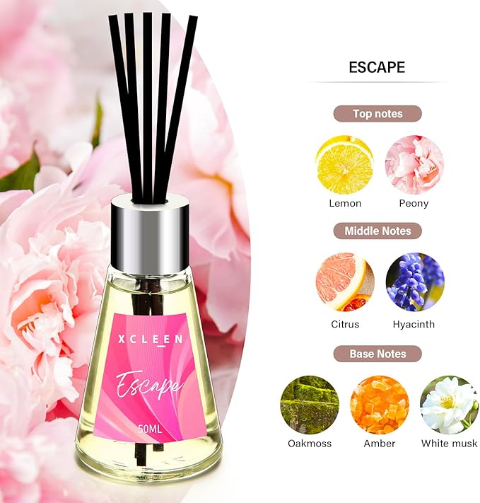 Reed Diffuser of 3 Pack, Escape/Citrus/Sandalwood, Scented Diffuser with 15 Fiber Sticks, Home Fragrance Oil Diffuser, Air Freshener for Bathroom & Bedroom, Each 1.7Fl Oz, Total 5.1Oz