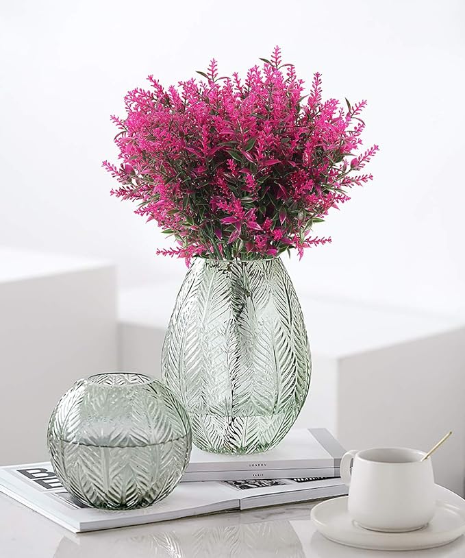 RECUTMS 8 Bundles Artificial Flowers Fake Outdoor Plants Faux Lavender Flower Plastic Shrubs Faux Flowers Fake Ferns Winter Artificial Fowers for Outdoors Indoor Outside Hanging Decorations (Fuchsia)