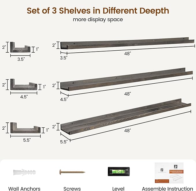 Picture Ledge Wall Shelves 48 Inches Width Set of 3, Solid Pine Wood Rustic Floating Ledge for Kids' Room Bedroom Kitchen Bathroom, Long Floating Shelves for Wall Decor, Grey