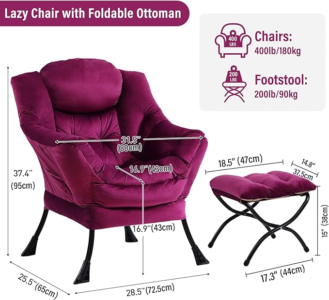 Lazy Chair with Ottoman, Modern Chair with Folding Footrest, Lounge Accent Chair, Comfortable Reading Chair (Velvet Dark Purple)