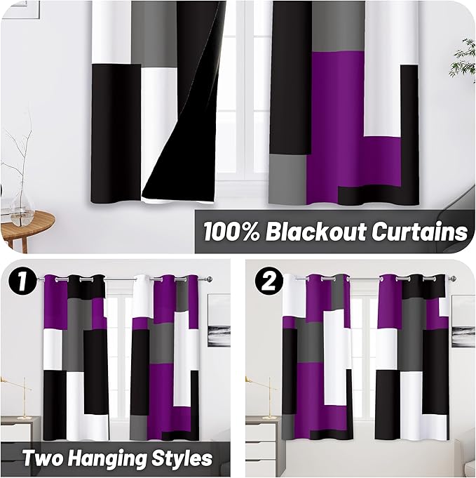 Purple 100% Blackout Curtains 45 inch Length 2 Panels Set White Grey Modern Abstract Geometric Drapes for Kitchen Black Out Curtains Insulated Room Darkening Small Window Curtains, 42Wx45L