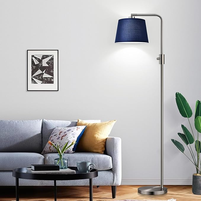 Dimmable Floor Lamp, 1000 Lumens LED Edison Bulb Included, Brushed Nickel Arc Standing Tall Floor Lamp with Blue Shade for Living Room Bedroom Office Dining Room