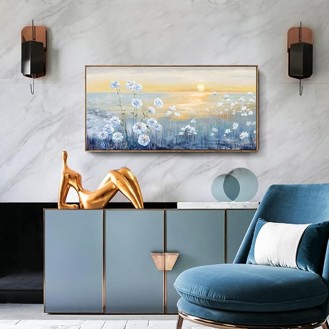 Framed Wall Art for Living Room Blue Ocean Beach Sunset Seascape Painting Abstract Coastal Flowers Canvas Print Seaside White Wildflowers Picture Sunrise Yellow Orange Sky Nature Landscape 24x48inch