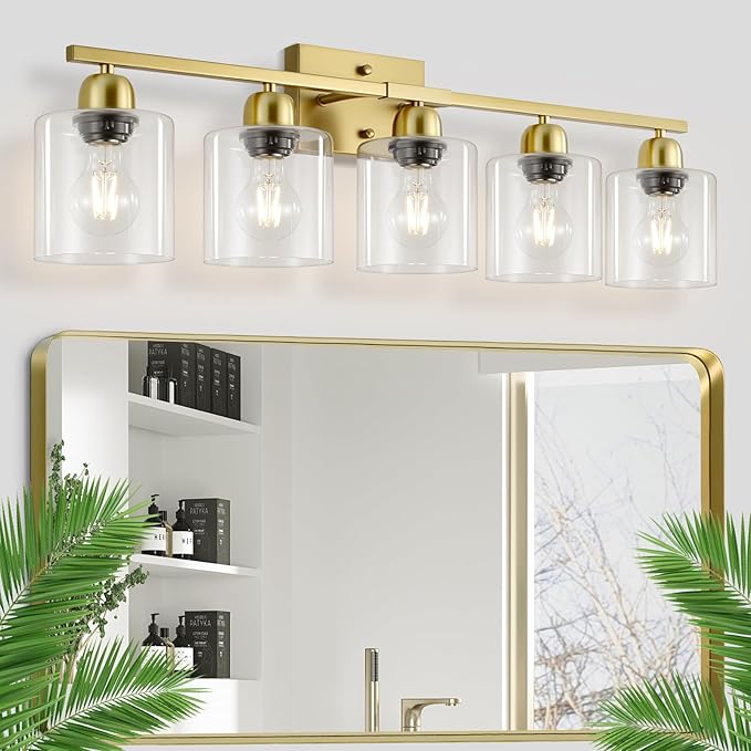 5 Light Brushed Gold Bathroom Light Fixtures, Gold Bathroom Light with Clear Glass, 30 inch Wall Sconce for Mirror Living Room Bedroom Hallway E26 Base