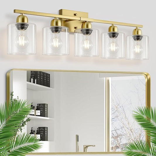 5 Light Brushed Gold Bathroom Light Fixtures, Gold Bathroom Light with Clear Glass, 30 inch Wall Sconce for Mirror Living Room Bedroom Hallway E26 Base