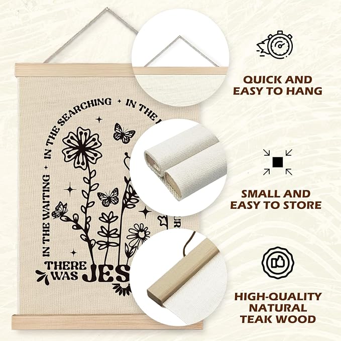 Supwhd Boho Floral Christian Wall Art with Wooden Poster Hanger, There Was Jesus Bible Verses Scripture Wall Decor, Christian Wall Decor for Home Room, 12x16
