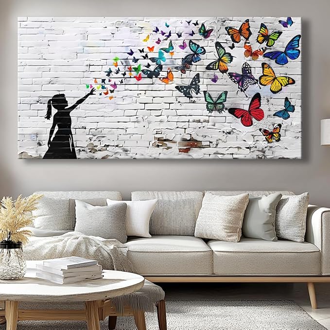 Canvas Wall Art Butterfly Girl - Modern Graffiti Paintings for Living Room, Bedroom Wall Decor, Framed Wall Art for Home or Office Decoration 20"x40"(50CMx100CM)