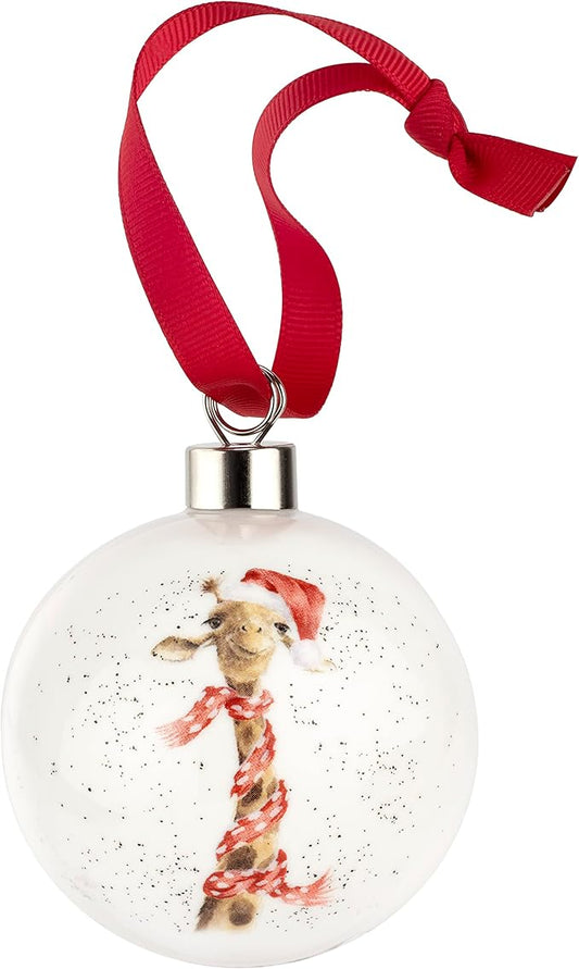 Royal Worcester Christmas Tree Ornament - Ho Ho Ho Bauble with Giraffe Motif, Fine Bone China Festive Holiday Decorations, Hand-Painted Whimsical Animal Theme for Seasonal Home Decor