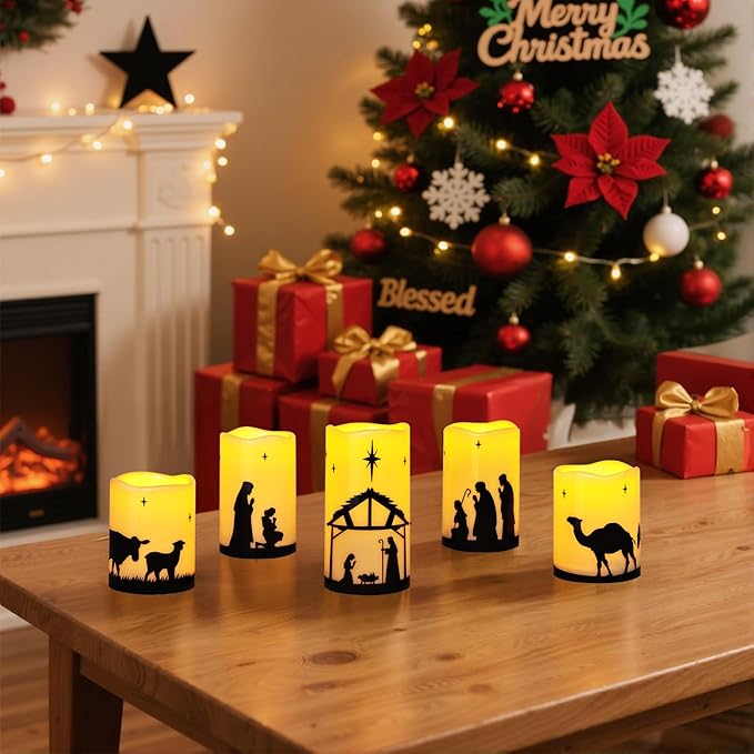 Christmas Decorations Indoor Outdoor, Nativity Scene Candle Set with Remote Time, Religious Holiday Home Table Mantel Room Decor Centerpieces, Xmas Gift, Battery Operated Flameless Candles, Waterproof