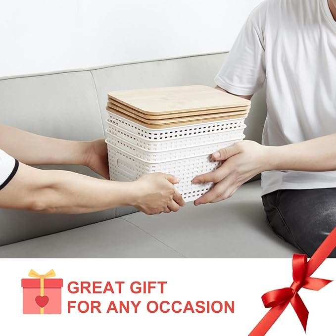 Small Plastic Storage Bins with Bamboo Lids 5.2qt Stackable Box Basket Pantry Decorative Containers Cute with Lable for Organizing Desktop Closet Office Cream White of 6 packs 10*7.2*4.1'’