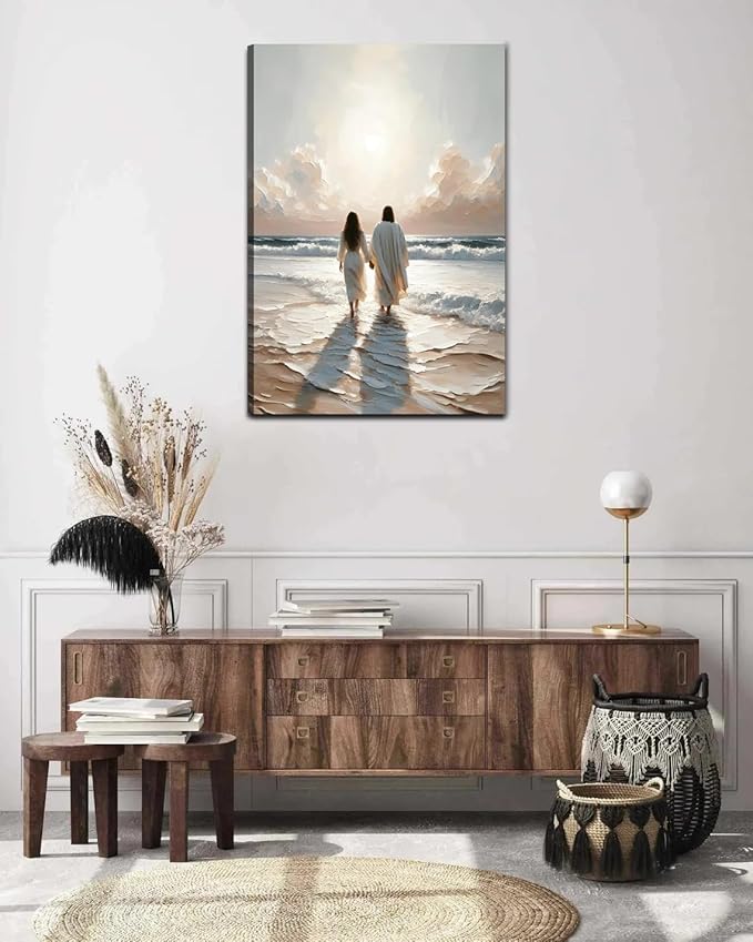 Jesus and Woman Walking on Water Canvas Wall Art Religious Coastal Wall decor pictures Christian Painting poster prints for living room bedroom Home Decoration Ready to hang (24inx36in Canvas)