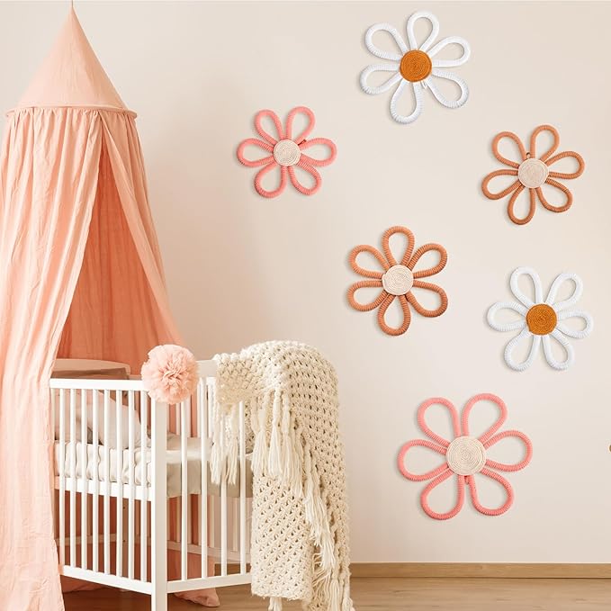 Barydat 6 Pcs Boho Nursery Decor Daisy Flower Woven Macrame Wall Hanging 3 Size Daisy Flower Wall Decor Bohemian Nursery Decorations for Home Dorm Art(Pink, Brown, White)