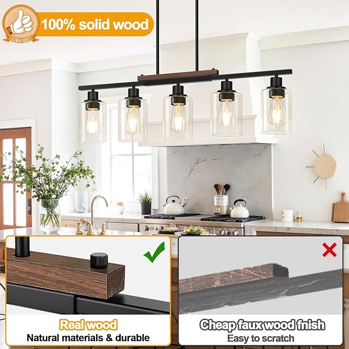 37" Farmhouse Dining Room Light Fixture Over Table, 5-Light Matte Black Wood Kitchen Island Lighting with Clear Glass Shade, Pendant Lights Linear Chandeliers for Dining Room Kitchen Island