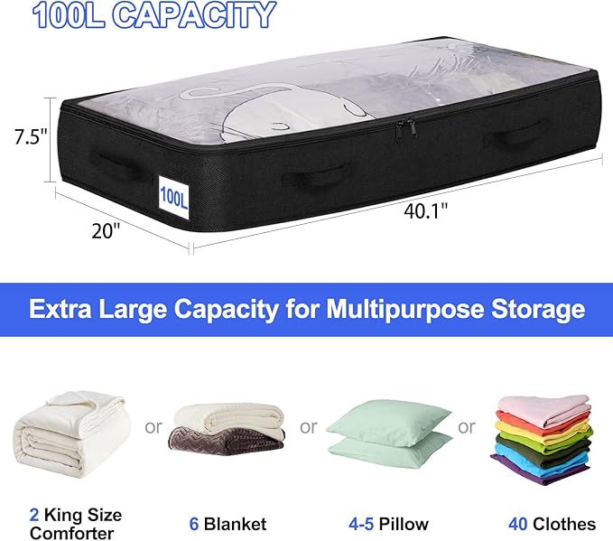 punemi 100L Under Bed Storage Containers (No Support) - 4-Pack Soft-Sided Fabric Storage Bags for Clothes, Comforters & Sweaters - 40x20x7.5in, Flat Closet Organizers for College Dorm, Black