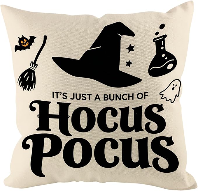 Halloween Pillow Covers 18x18 inch Set of 4, Linen Outdoor Cute Ghost Vintage Hocus Pocus Saying Farmhouse Party Supplies Black and White Decorations for Sofa Couch