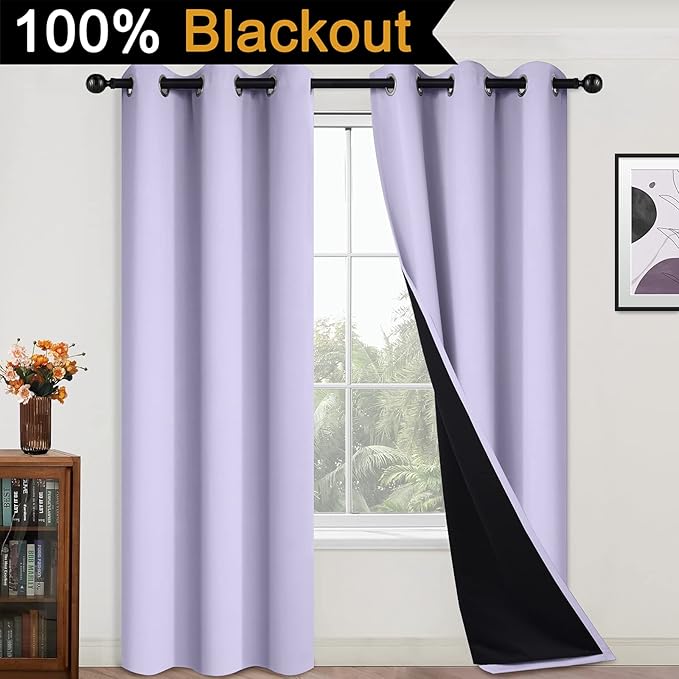 Yakamok 84 Inch Length 100% Blackout Curtains for Bedroom, 2 Thick Layers Thermal Insulated Grommet Total Blackout Drapes with Black Liner for Living Room (42Wx84L,Lilac, 2 Panels)