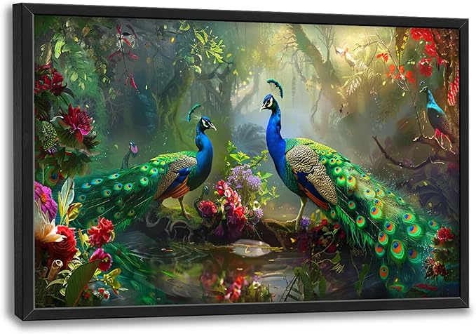 Peacock Large Wall Art for Living Room Framed,Beautiful Peacock Wall Decor Pictures, Forest Canvas Print Painting, Aesthetic Artwork Bedroom Office Home Decor 36"x24"