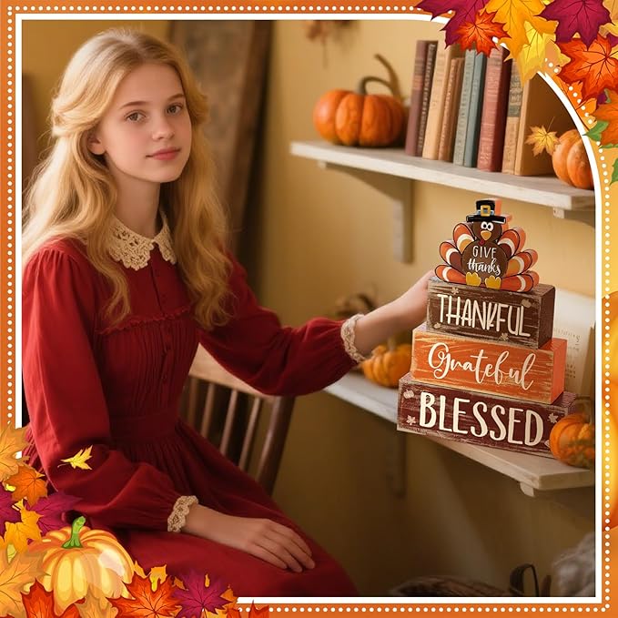 4 Pcs Fall Thanksgiving Decor for Home Funny Turkey Wooden Signs with Hat Thanksgiving Fall Tiered Tray Decor Turkey Tabletop Centerpiece Thankful Block Signs for Office Kitchen Shelf