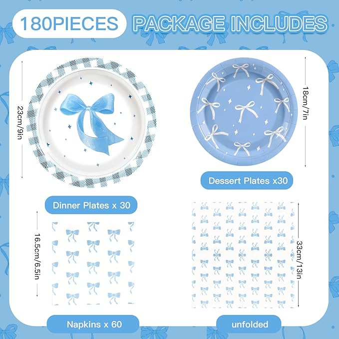 180Pcs Blue Bow Party Supplies Paper Plates and Napkins Serve 60 Disposable Tableware Set for Birthday Party Decorations Game Day Family School Holiday Sports Events